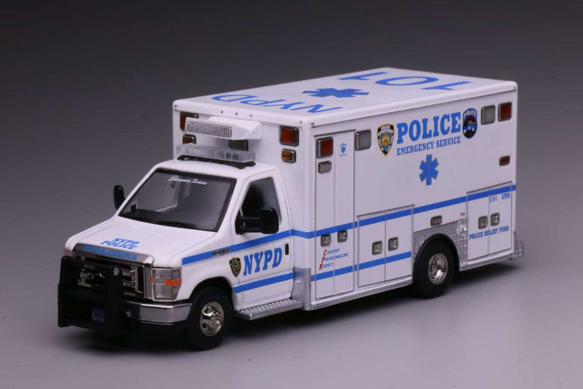 596 Models 1:64 Ford E450 Ambulance in New York Police NYPD livery.