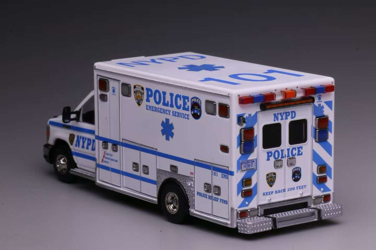596 Models 1:64 Ford E450 Ambulance in New York Police NYPD livery.
