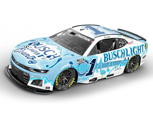 1:64 ARC diecast model of Ross Chastain’s 2025 Chevrolet #1 with scenic Busch Light Country livery and detailed sponsor graphics.