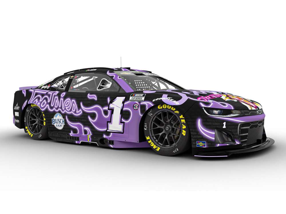 1:64 scale ARC diecast of Ross Chastain’s 2025 #1 Chevrolet Camaro in Tootsies Orchid Lounge livery with purple and pink graphics.