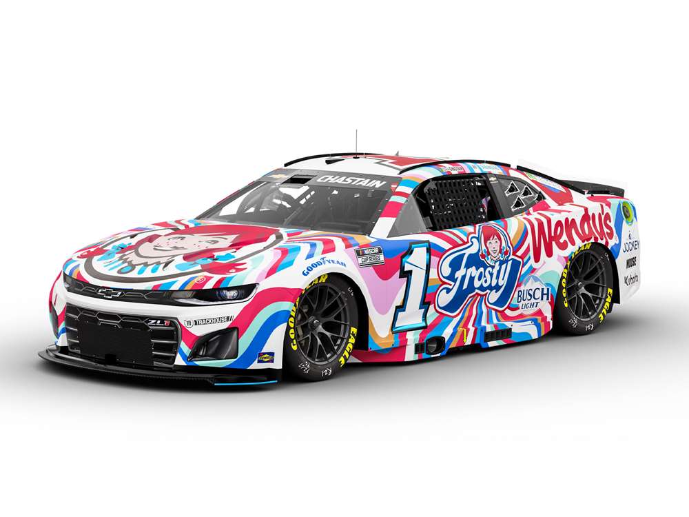 1:64 ARC diecast of the 2025 Chevrolet #1 Ross Chastain with Wendy’s Frosty-themed livery and sponsor branding.