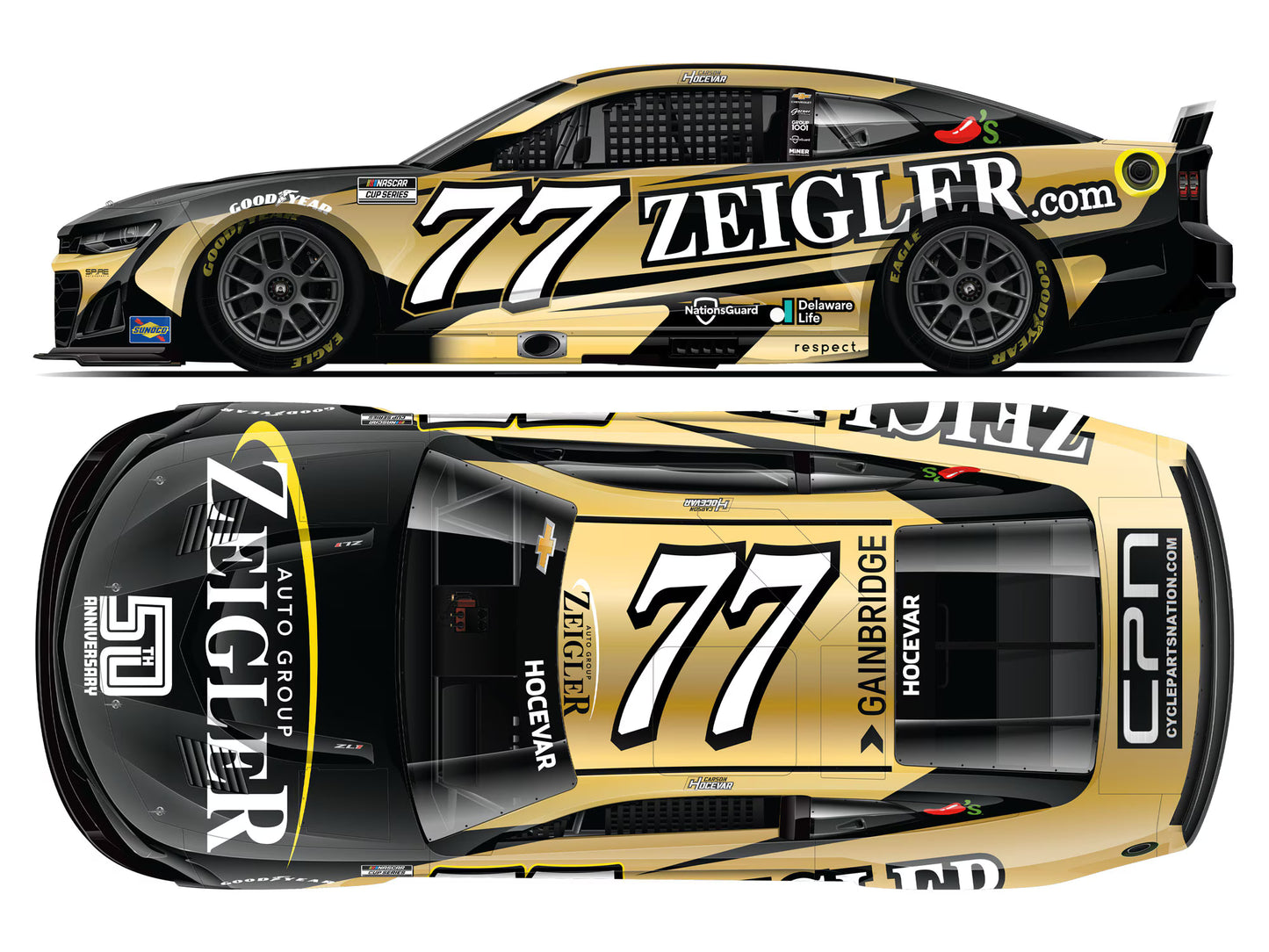 1:64 diecast model of Carson Hocevar’s 2025 #77 Chevrolet with Zeigler 50th Anniversary NASCAR livery.