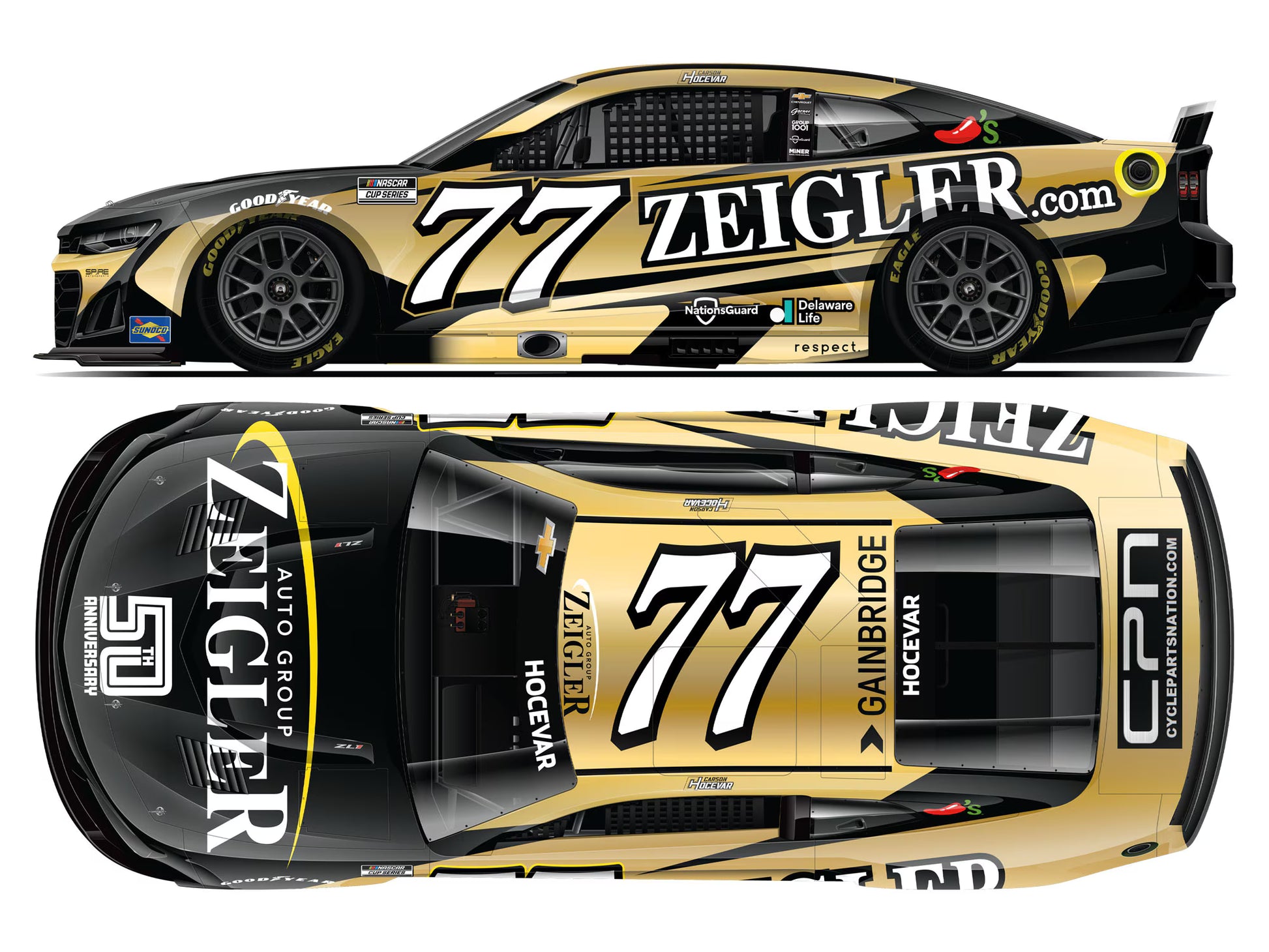 1:64 diecast model of Carson Hocevar’s 2025 #77 Chevrolet with Zeigler 50th Anniversary NASCAR livery.