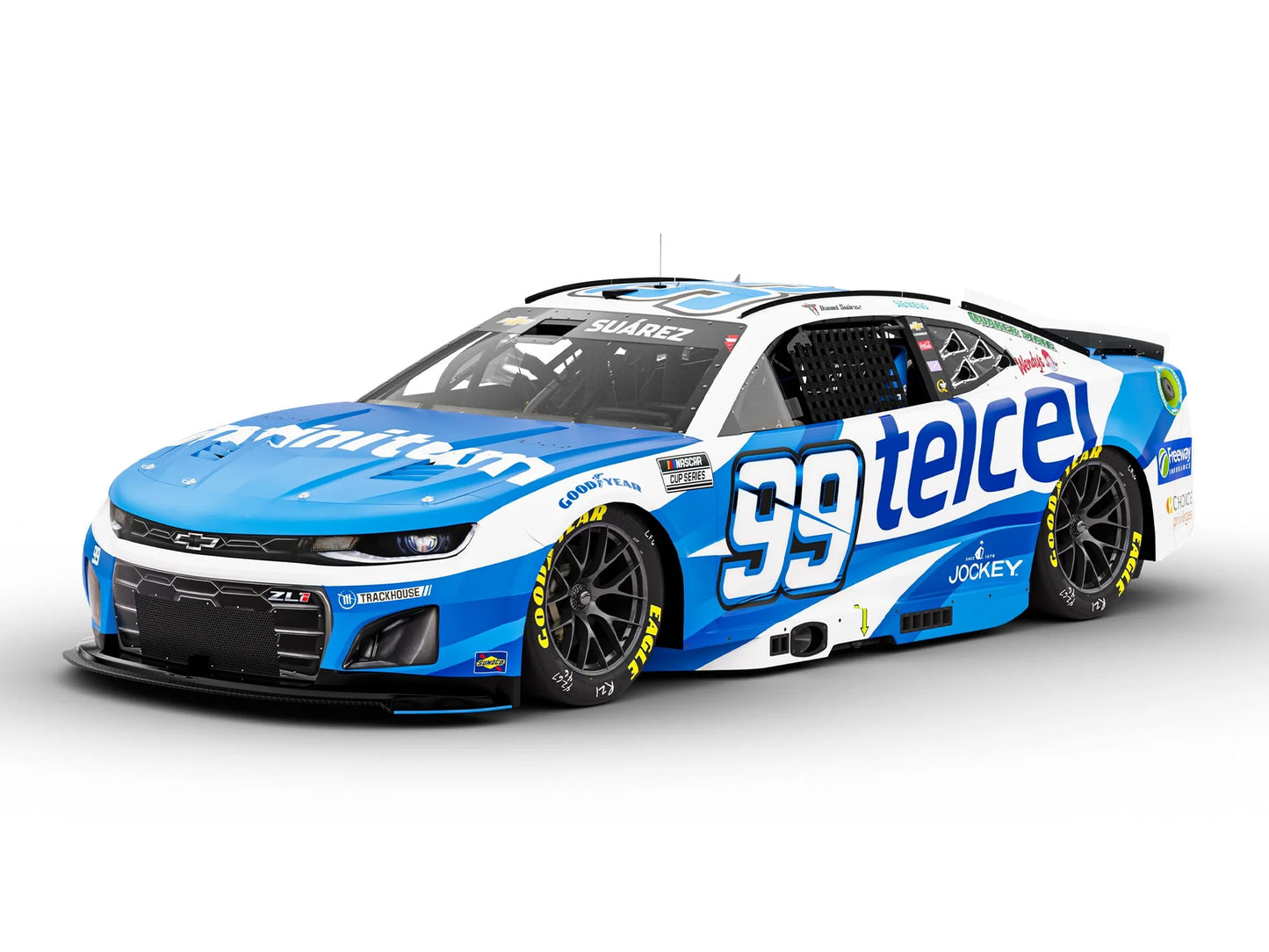 1:64 ARC diecast model of the 2025 Chevrolet #99 Daniel Suárez with vibrant blue Telcel livery and detailed sponsor graphics.