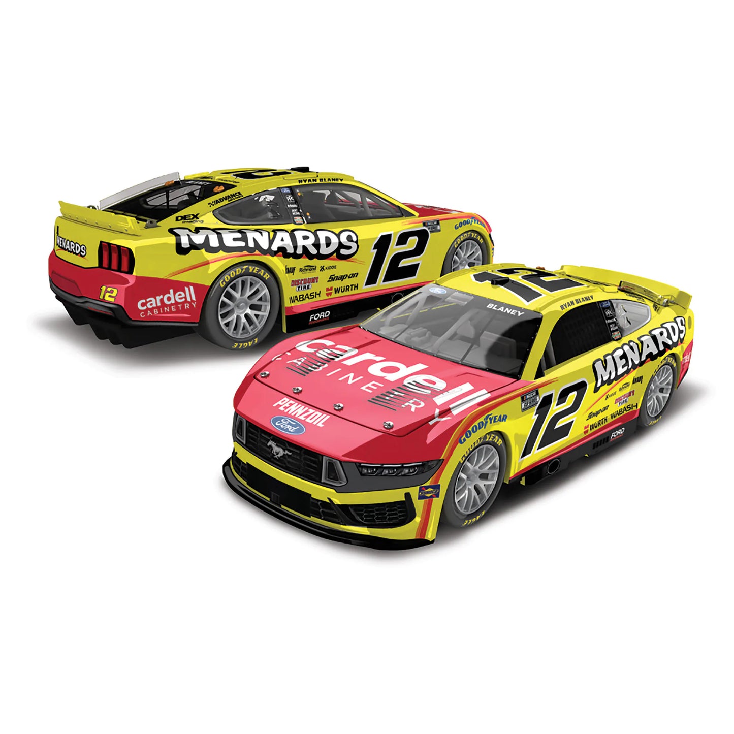 1:64 ARC diecast model of Ryan Blaney’s 2025 #12 Ford Mustang in Menards/Cardell livery.