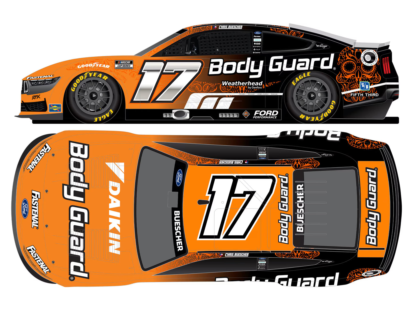 1:64 diecast of the 2025 Ford Mustang #17 Chris Buescher with Body Guard Mexico livery and sponsor logos.