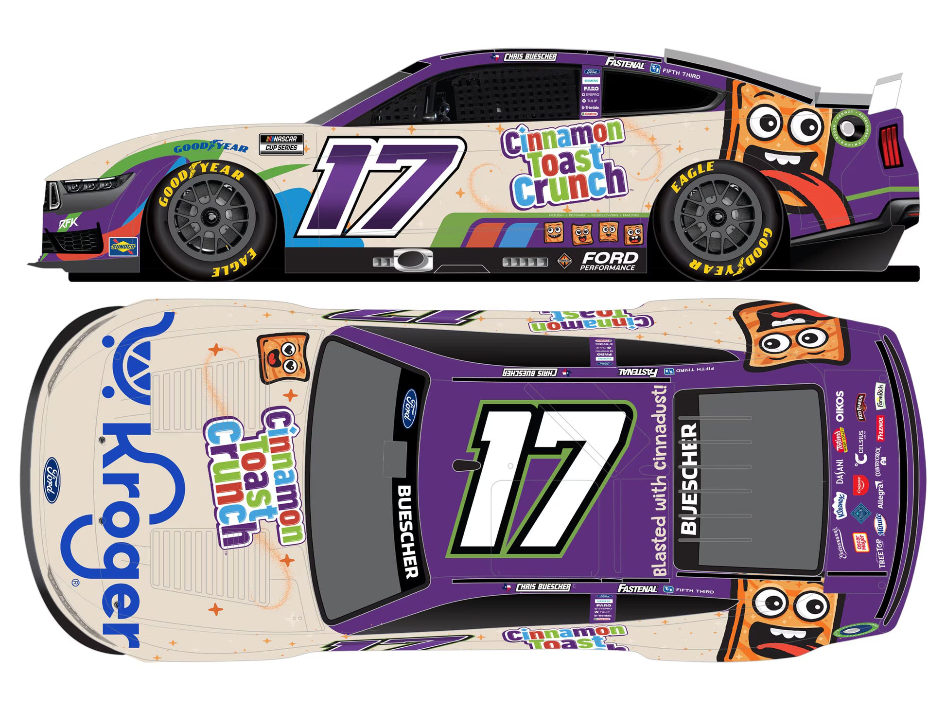 1:64 scale Chris Buescher #17 Ford Mustang diecast in colorful Cinnamon Toast Crunch racing livery.