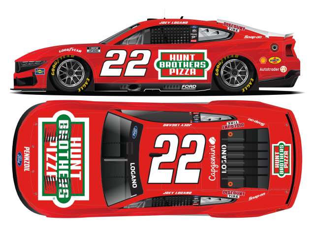 1:64 scale die-cast of the 2025 #22 Ford Mustang driven by Joey Logano with Hunt Brothers Pizza livery.