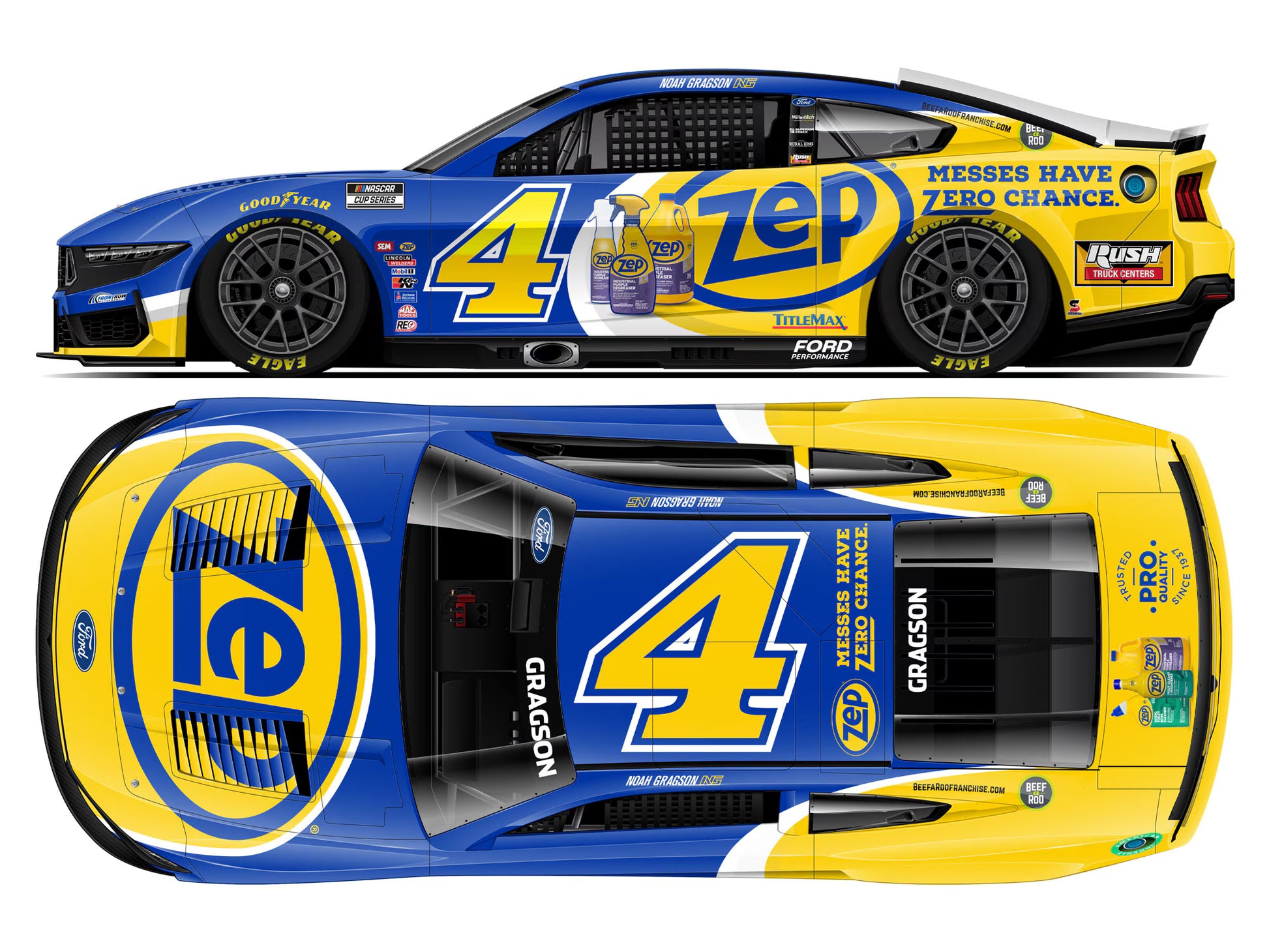 1:64 ARC diecast of Noah Gragson’s 2025 #4 ZEP Ford Mustang in blue and yellow NASCAR livery.