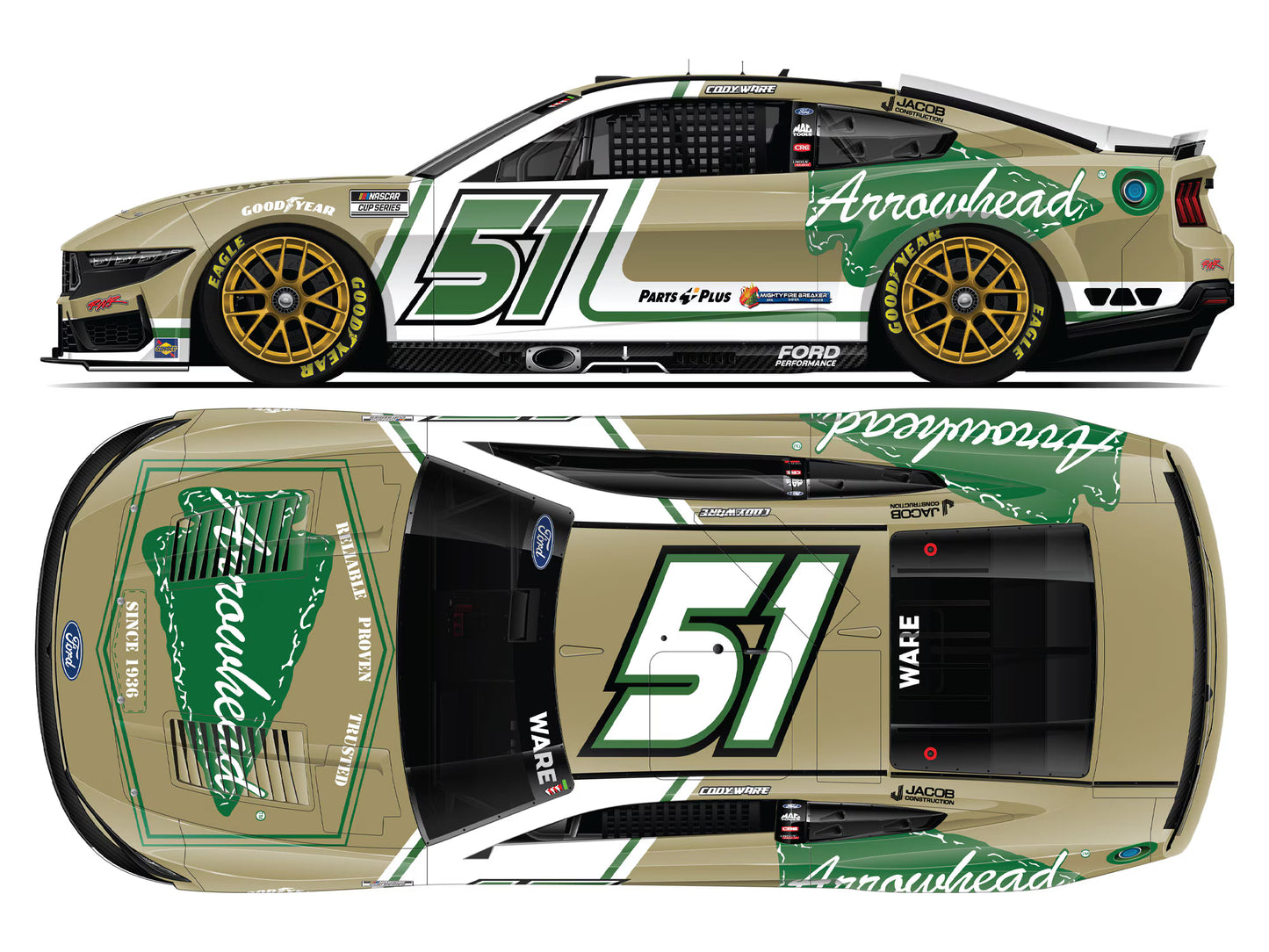 1:64 scale diecast of the 2025 Ford Mustang #51 driven by Cody Ware featuring Arrowhead Brass sponsor graphics.