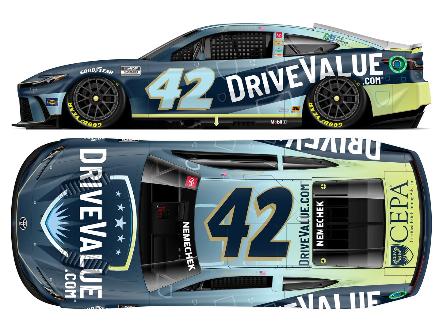 1:64 ARC diecast model of the 2025 Toyota Camry XSE #42 driven by John Hunter Nemechek with blue and white DriveValue.com graphics.