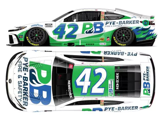 1:64 die-cast model of the 2025 Toyota Camry #42 driven by John Hunter Nemechek with PYE-BARKER Fire & Safety livery.