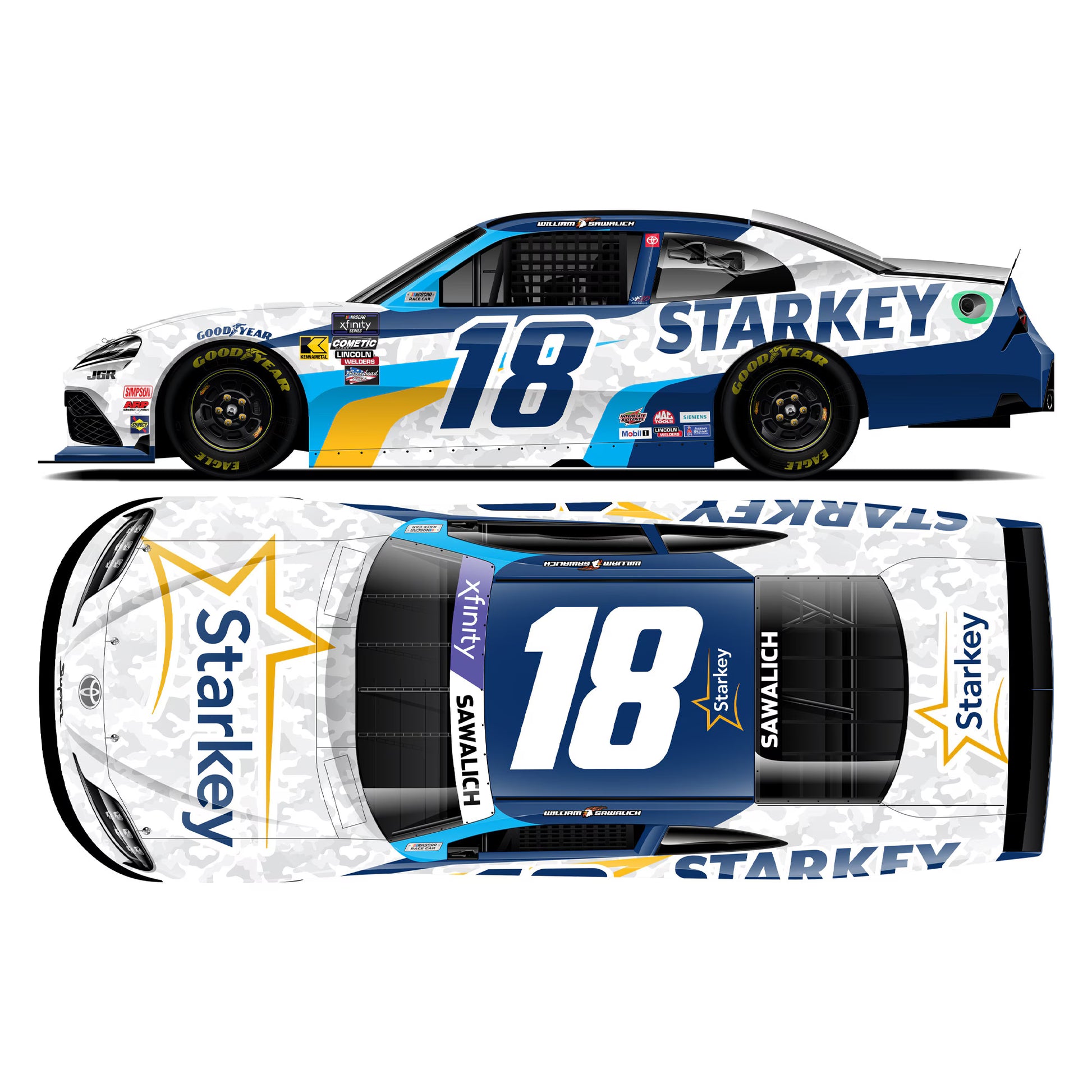 1:64 ARC diecast of the 2025 Toyota Camry XSE #18 driven by William Sawalich featuring the Starkey sponsor livery.