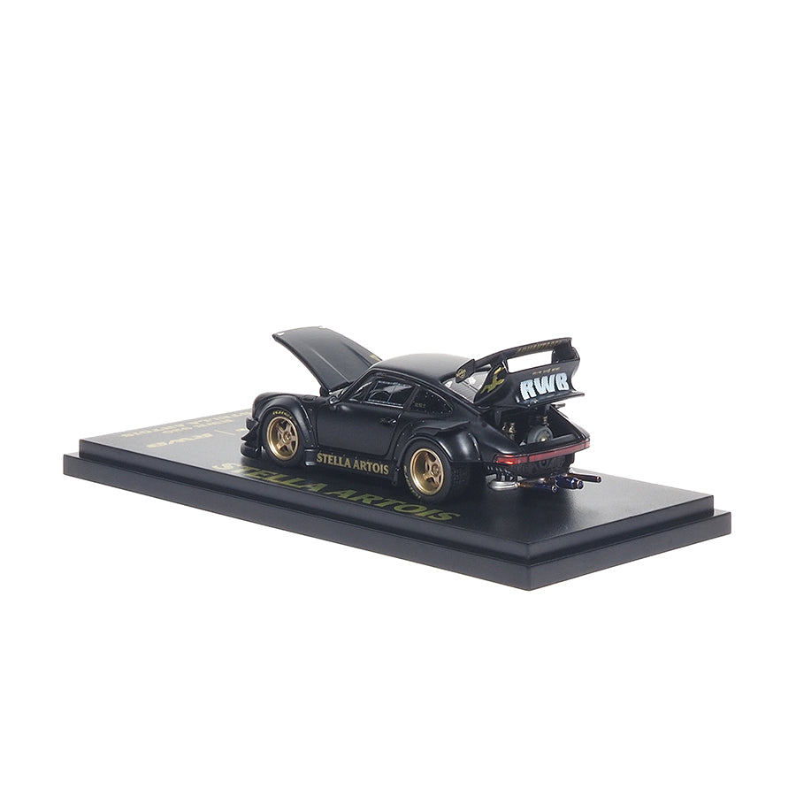 Almost Real ARbox 1:64 RWB 930 Stella Artois in matte black with opening front and rear covers.