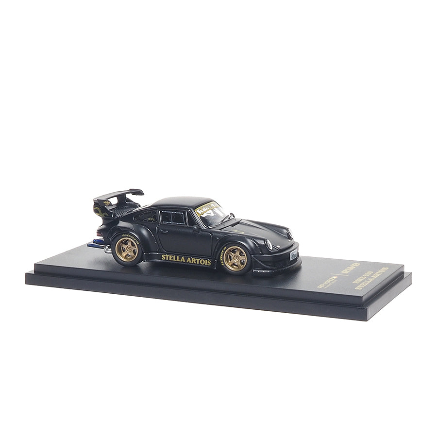 Almost Real ARbox 1:64 RWB 930 Stella Artois in matte black with opening front and rear covers.
