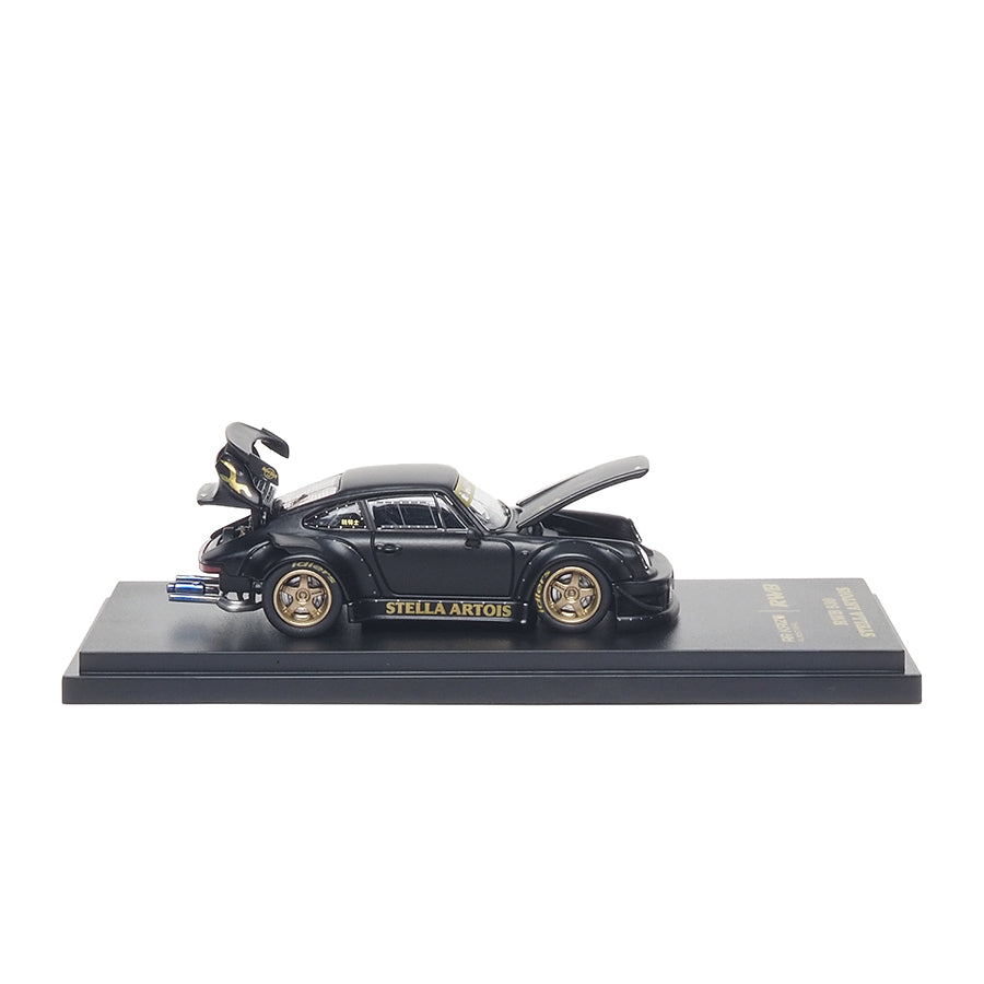 Almost Real ARbox 1:64 RWB 930 Stella Artois in matte black with opening front and rear covers.