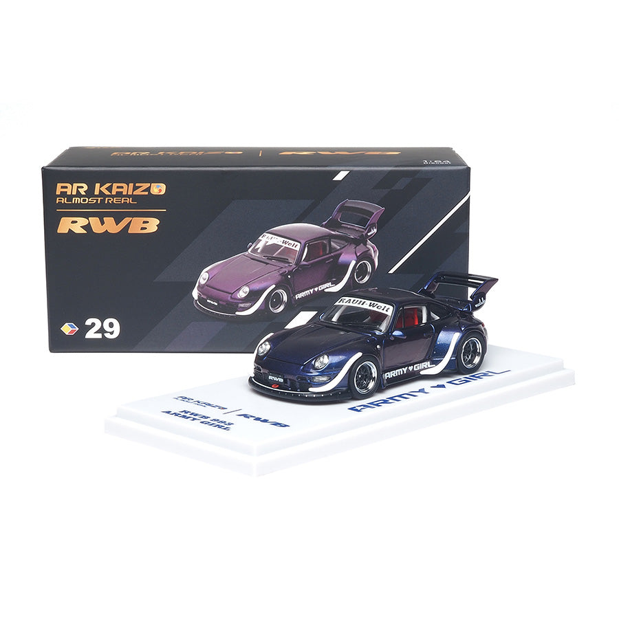Almost Real ARbox 1:64 RWB 993 Army Girl in purple with distinctive widebody styling.