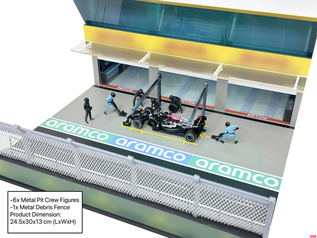 American Diorama Grand Prix Paddock Team Black 1:64 diorama with LED lighting, metal debris fence, and six pit crew figures.