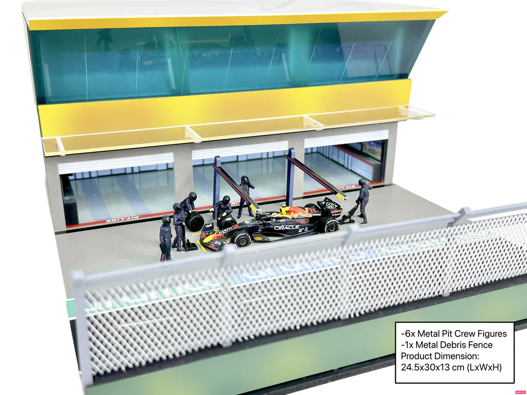 American Diorama Grand Prix Paddock Team Blue 1:64 diorama with LED lighting, metal debris fence, and six pit crew figures.
