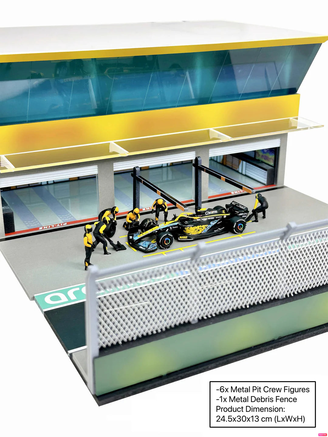 American Diorama Grand Prix Paddock Team Orange 1:64 diorama with LED lighting, metal debris fence, and six pit crew figures.