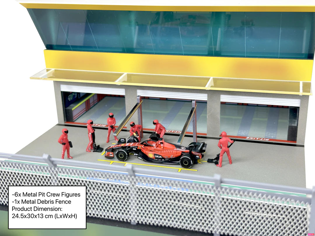 American Diorama Grand Prix Paddock Team Red 1:64 diorama with LED lighting, metal debris fence, and six pit crew figures.