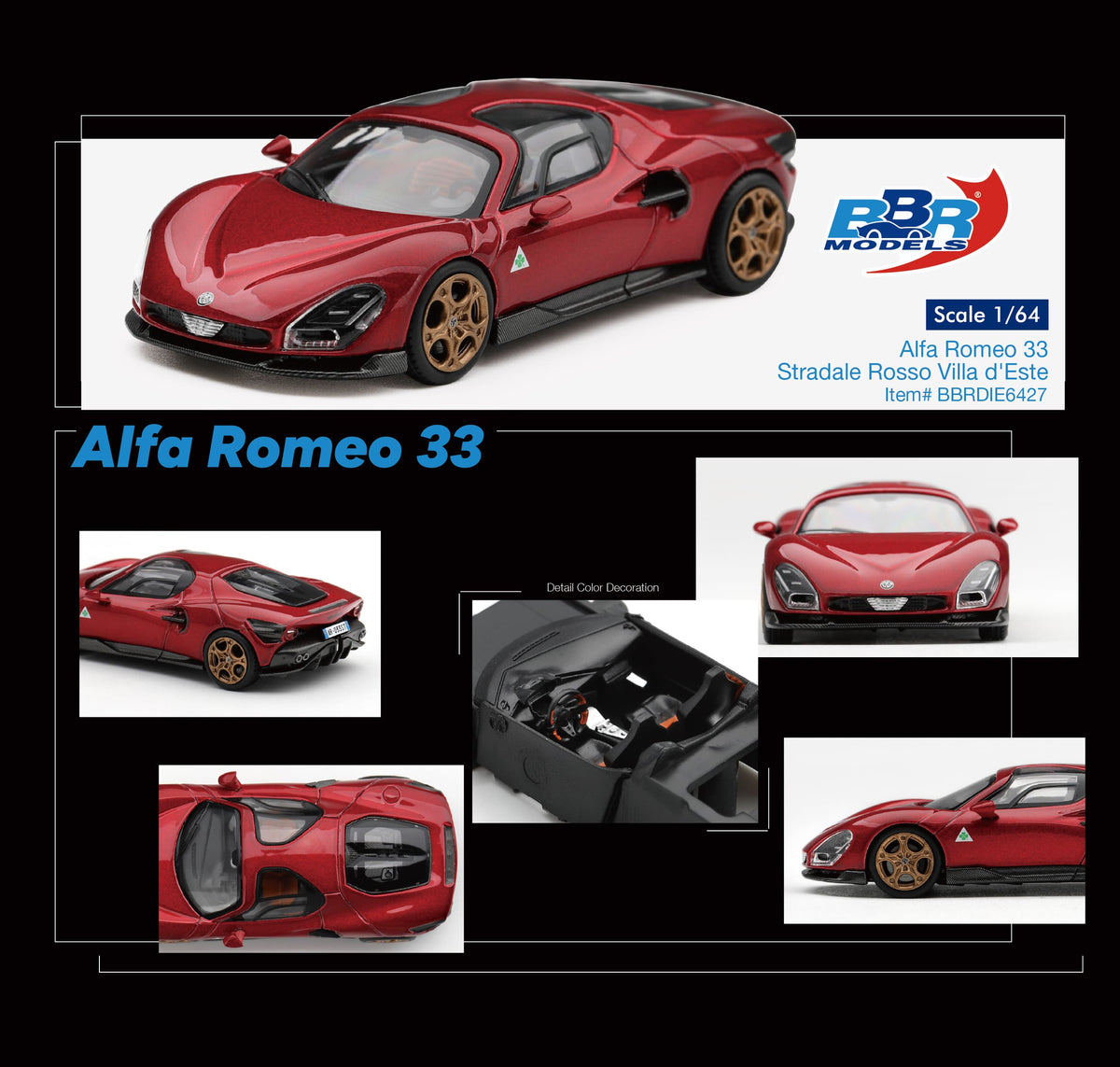 BBR Models Alfa Romeo 33 Stradale Rosso Villa D’Este 2025 in 1:64 scale, red diecast supercar model