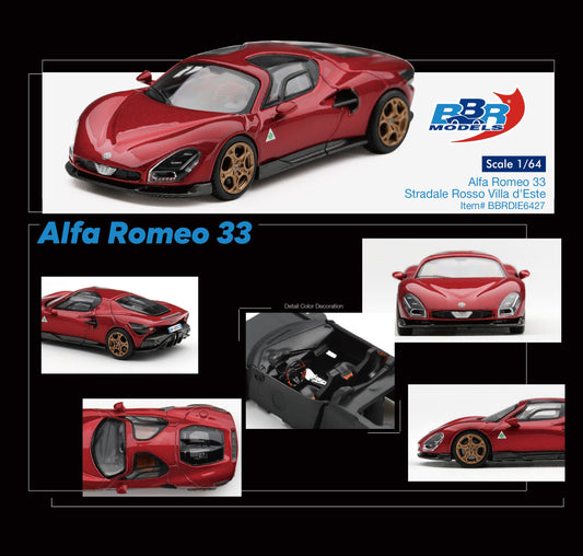 BBR Models Alfa Romeo 33 Stradale Rosso Villa D’Este 2025 in 1:64 scale, red diecast supercar model
