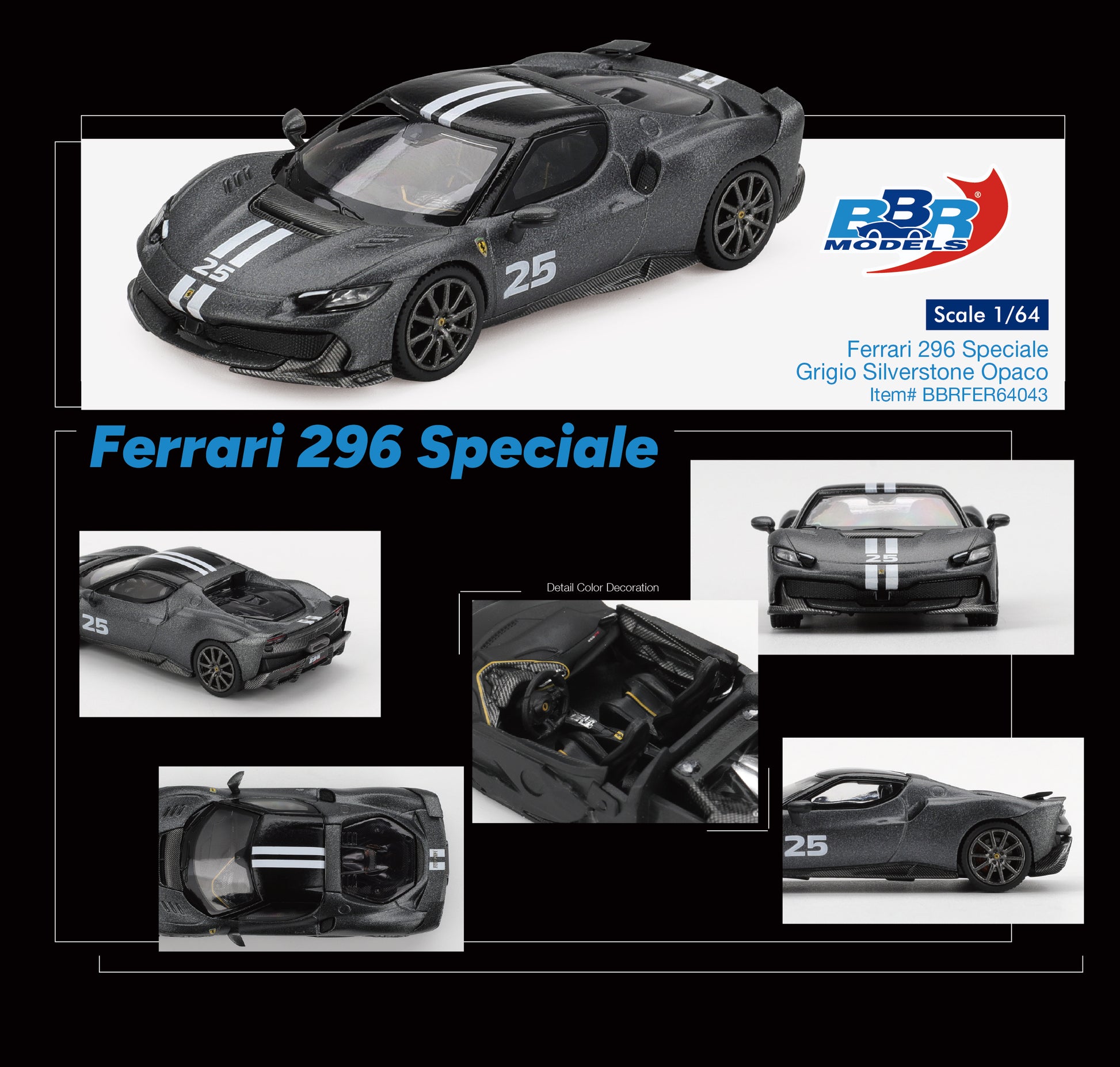 BBR Models 1:64 Ferrari 296 Speciale 2025 Grigio Silverstone Opaco matte grey premium diecast model