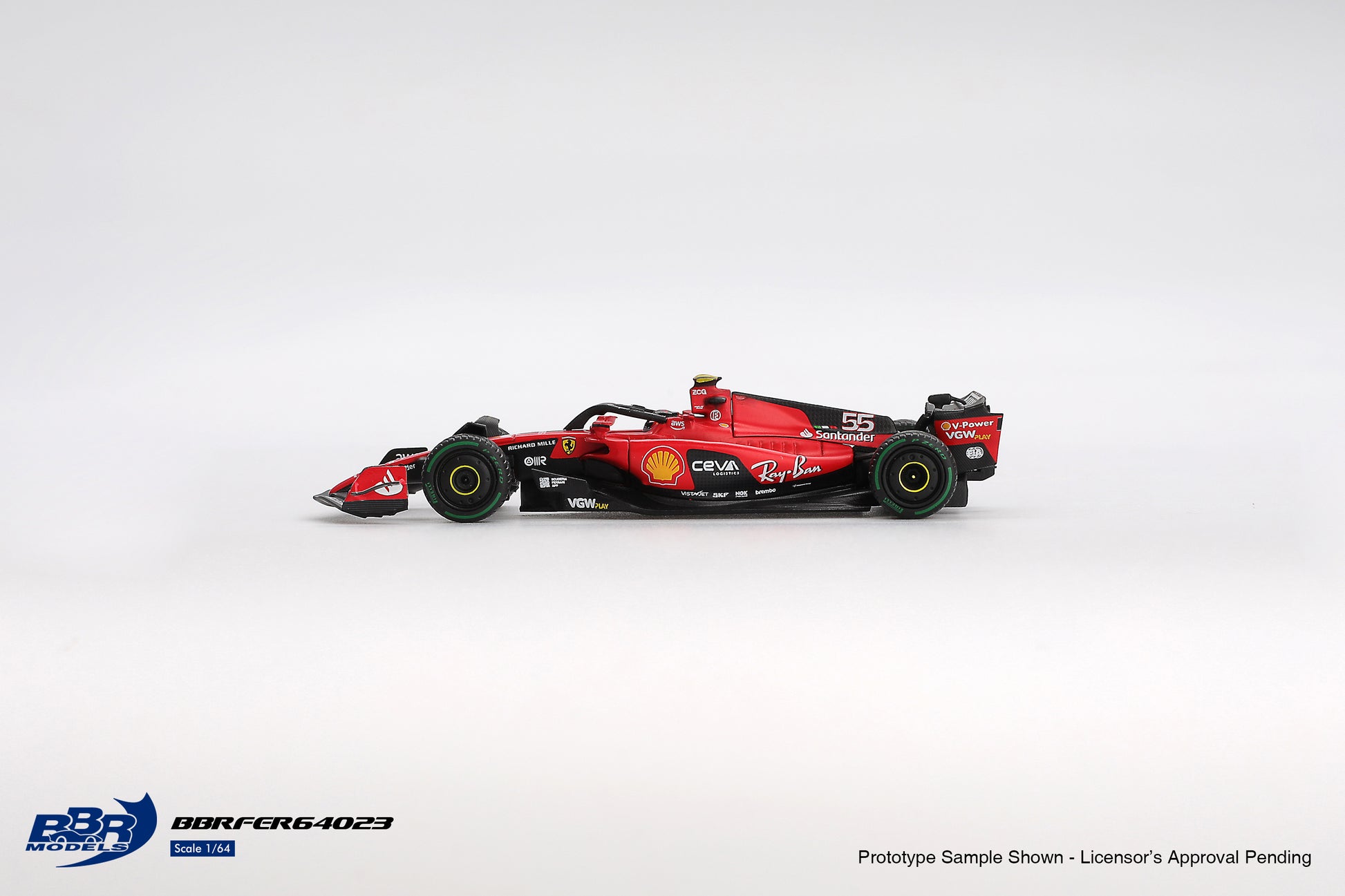1:64 BBR Ferrari SF23 #55 Carlos Sainz Monaco GP 2023 – F1 diecast model in red race livery. Side