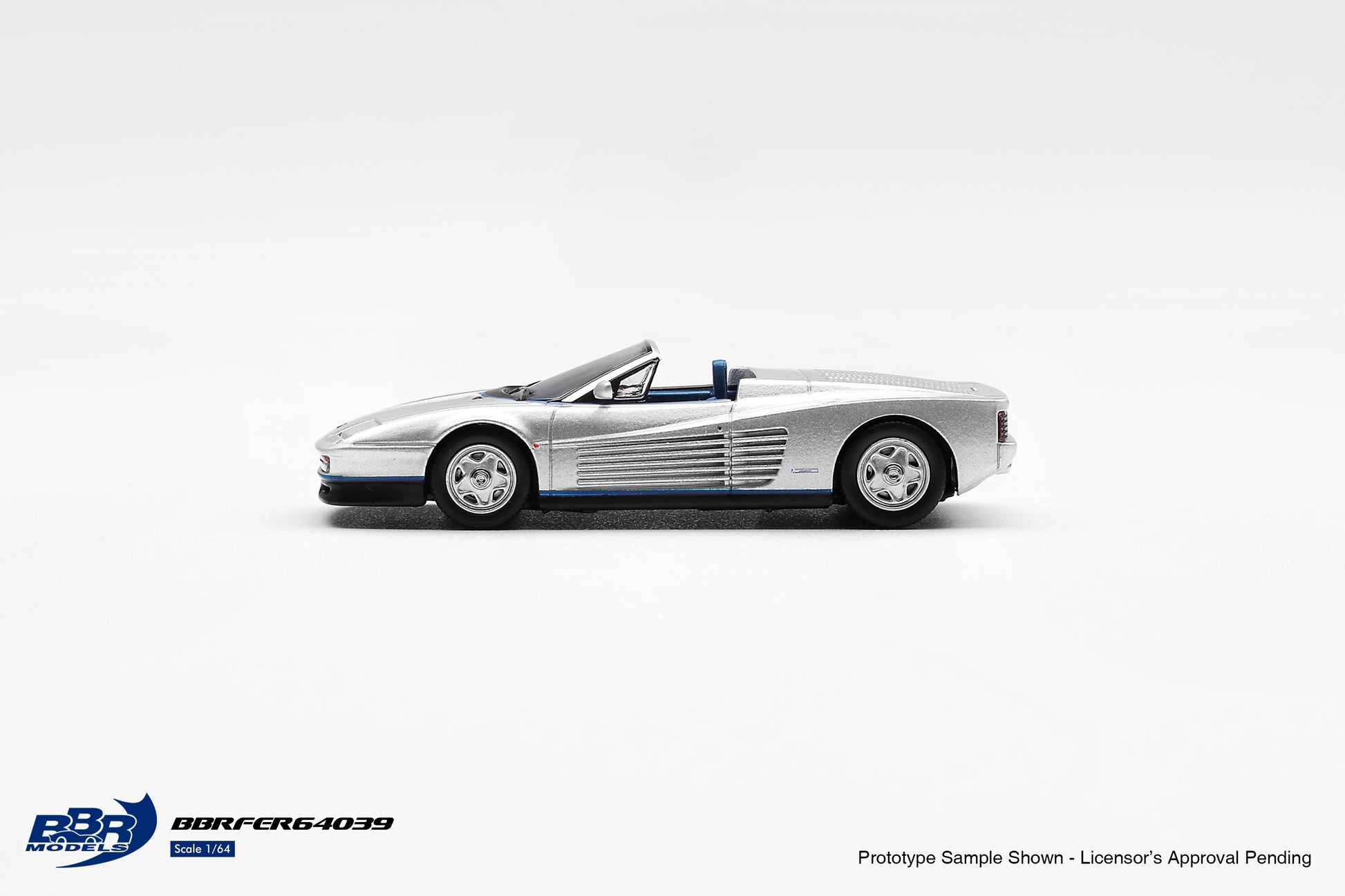 BBR Models 1:64 Ferrari Testarossa Spider Gianni Agnelli 1986 silver diecast model. Side
