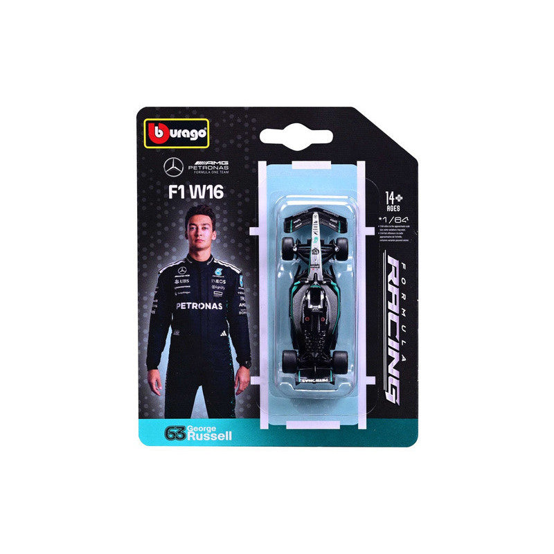 Bburago 1:64 Mercedes-AMG Petronas F1 W16 #63 George Russell model in blister packaging.