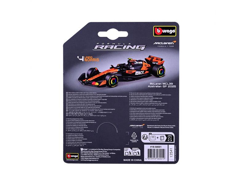 Bburago 1:64 McLaren MCL39 #4 Lando Norris Australian GP 2025 F1 model in blister packaging.