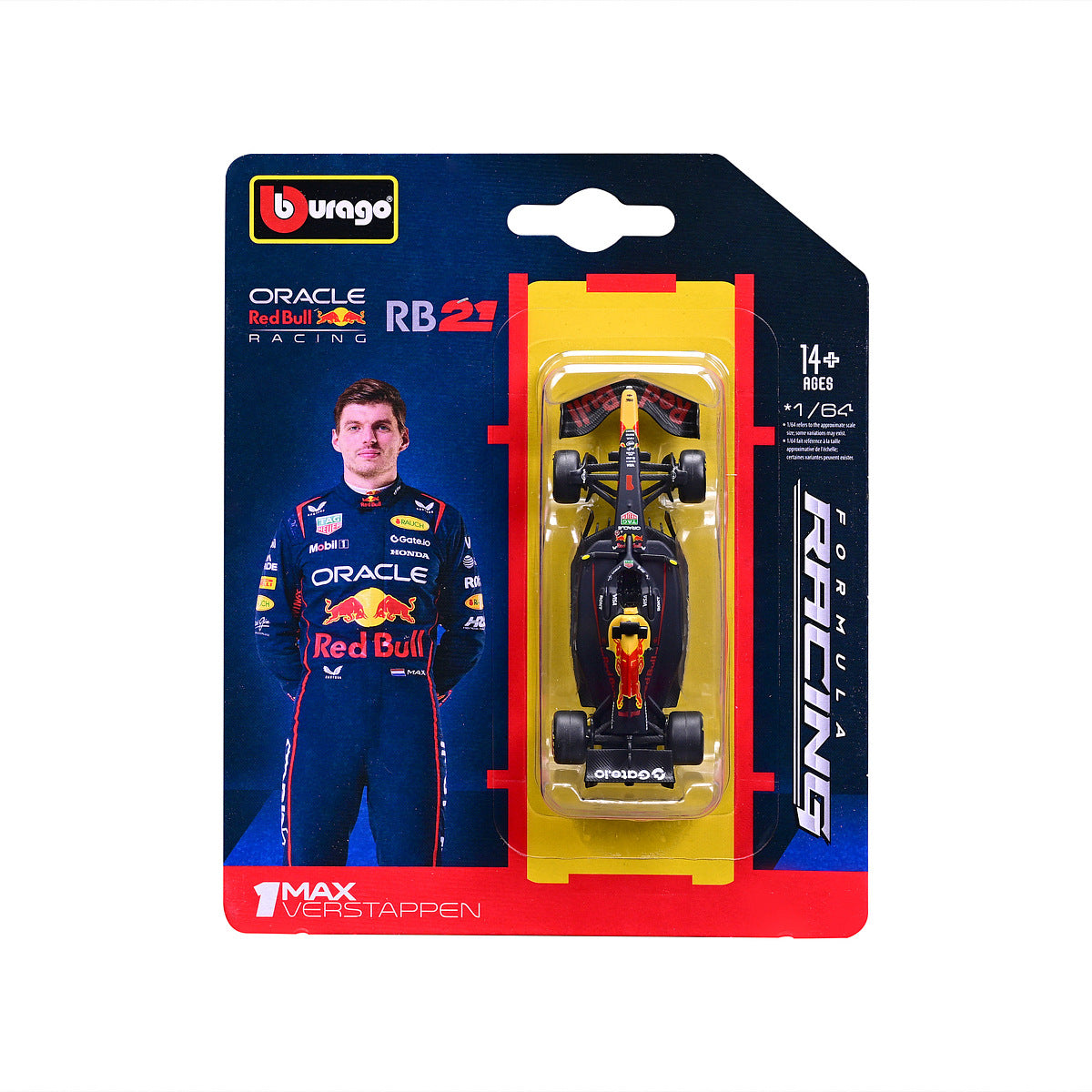 Bburago 1:64 Oracle Red Bull Racing RB21 #1 Max Verstappen F1 model in blister packaging.