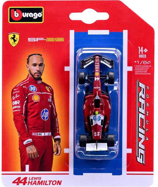Bburago 1:64 Scuderia Ferrari SF-25 #44 Lewis Hamilton F1 model in blister packaging.