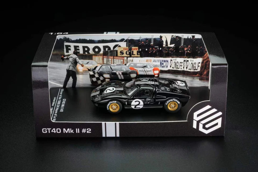 FG Model 1:64 Ford GT40 Mk II #2 Bruce McLaren Chris Amon 1966 Le Mans winner with opening panels.