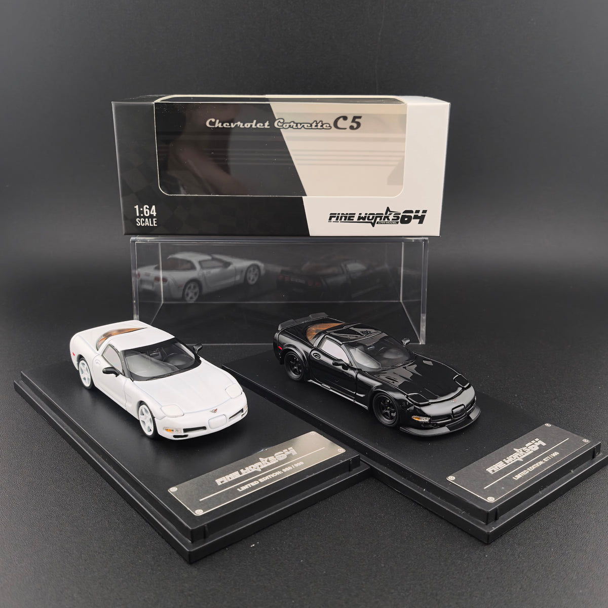 Fine Works 64 Chevrolet Corvette C5 in White Standard or Black Custom version with working pop-up headlights and acrylic case.