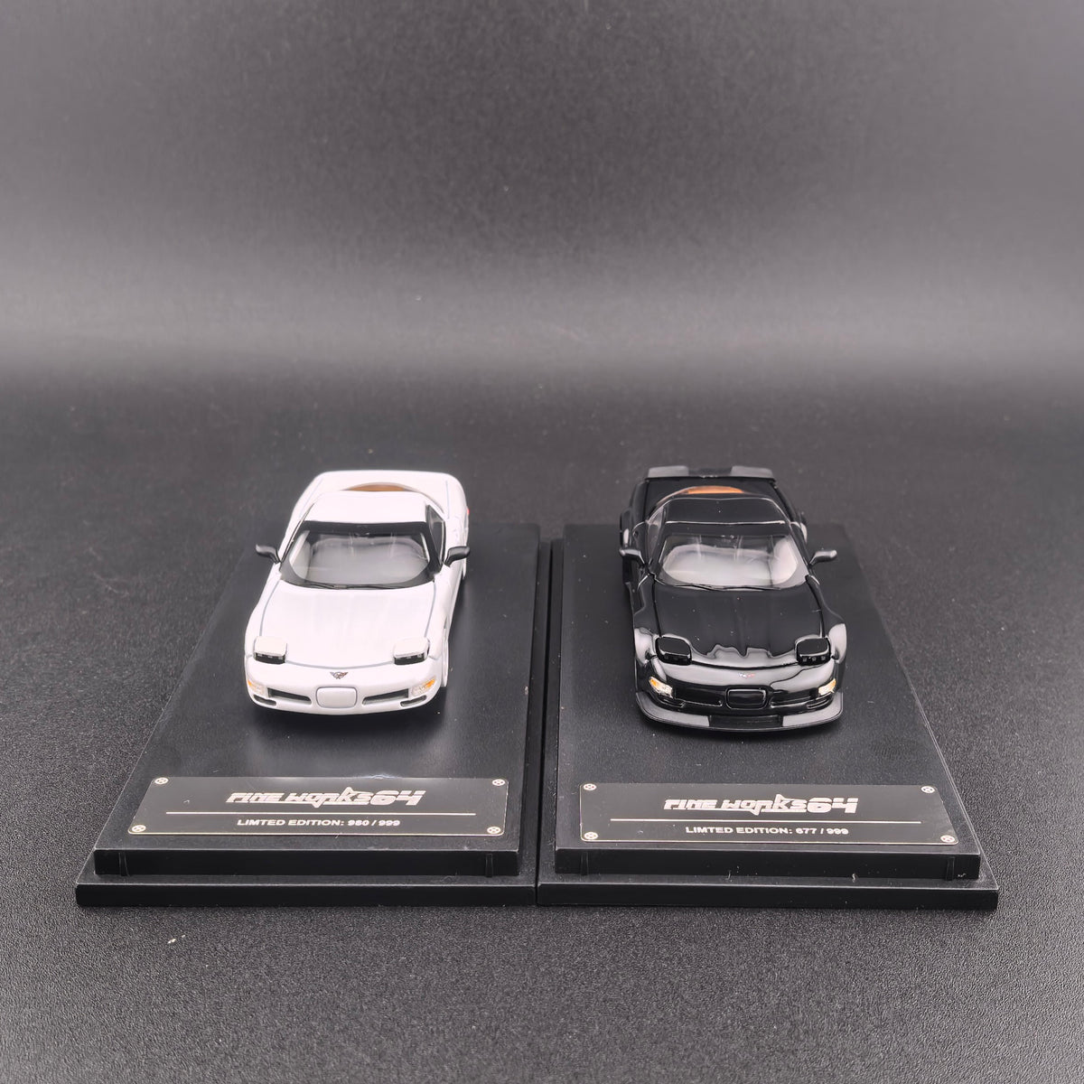 Fine Works 64 Chevrolet Corvette C5 in White Standard or Black Custom version with working pop-up headlights and acrylic case.