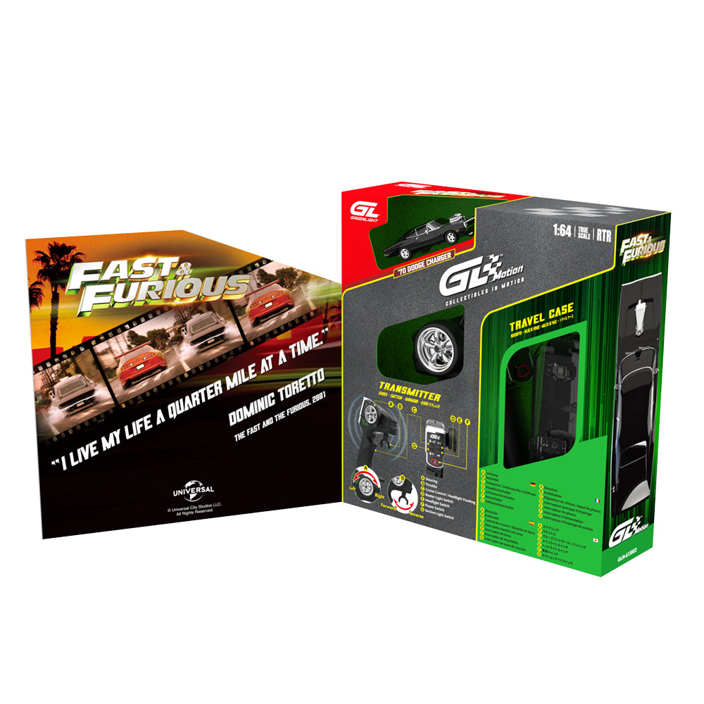 GreenLight GL Motion 1:64 RC 1970 Dodge Charger Dom from The Fast and the Furious with black body and supercharger