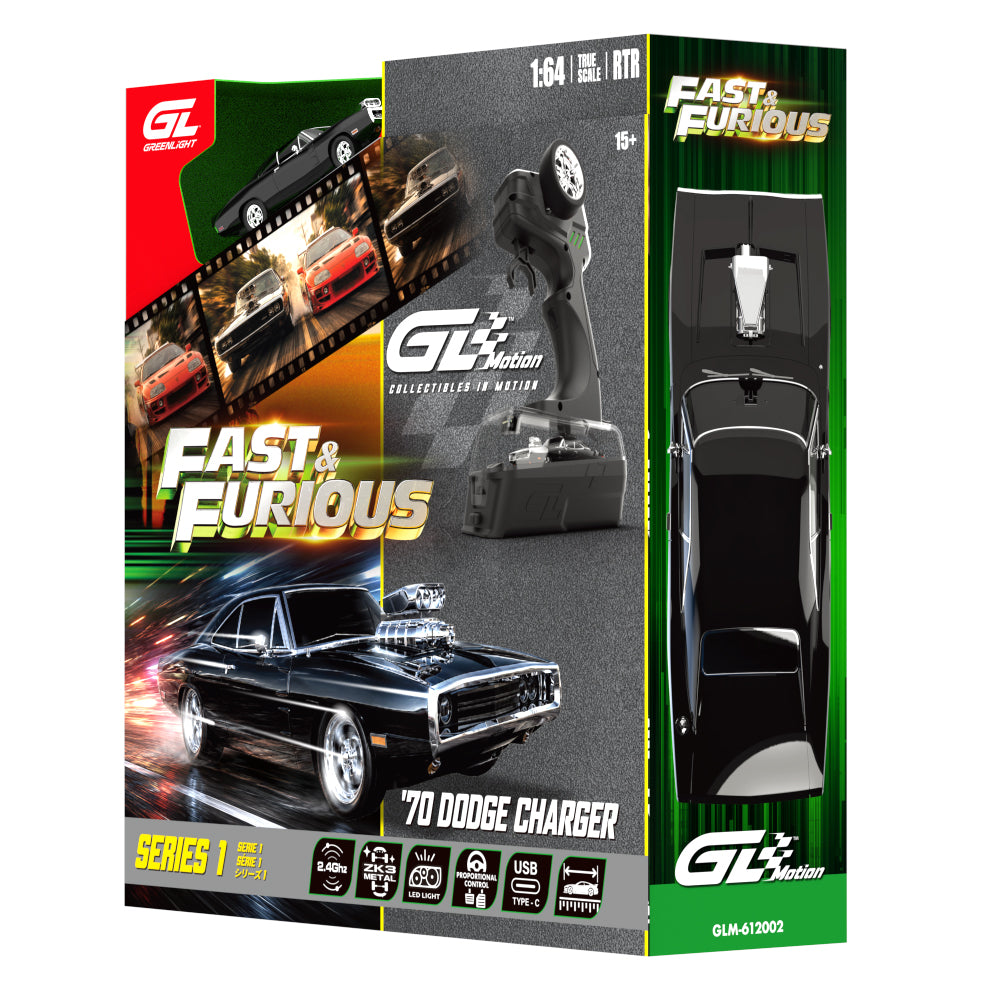 GreenLight GL Motion 1:64 RC 1970 Dodge Charger Dom from The Fast and the Furious with black body and supercharger