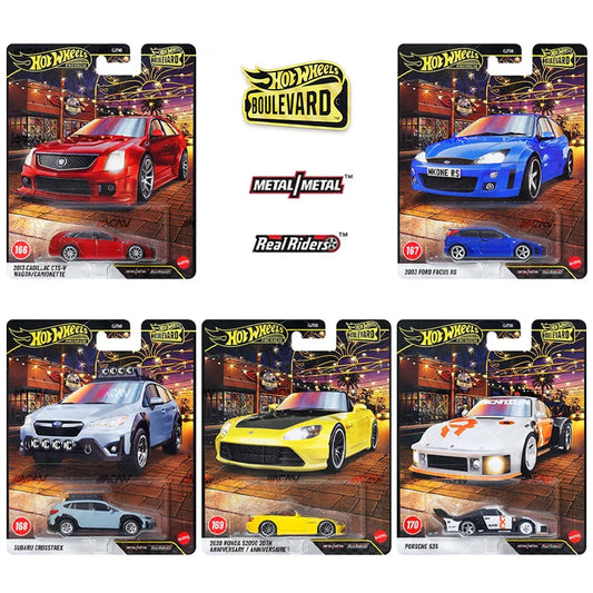 Hot Wheels Boulevard 2027 Mix 1 featuring Cadillac CTS-V Wagon, Ford Focus RS, Subaru Crosstrek, Honda S2000 and Porsche 935.