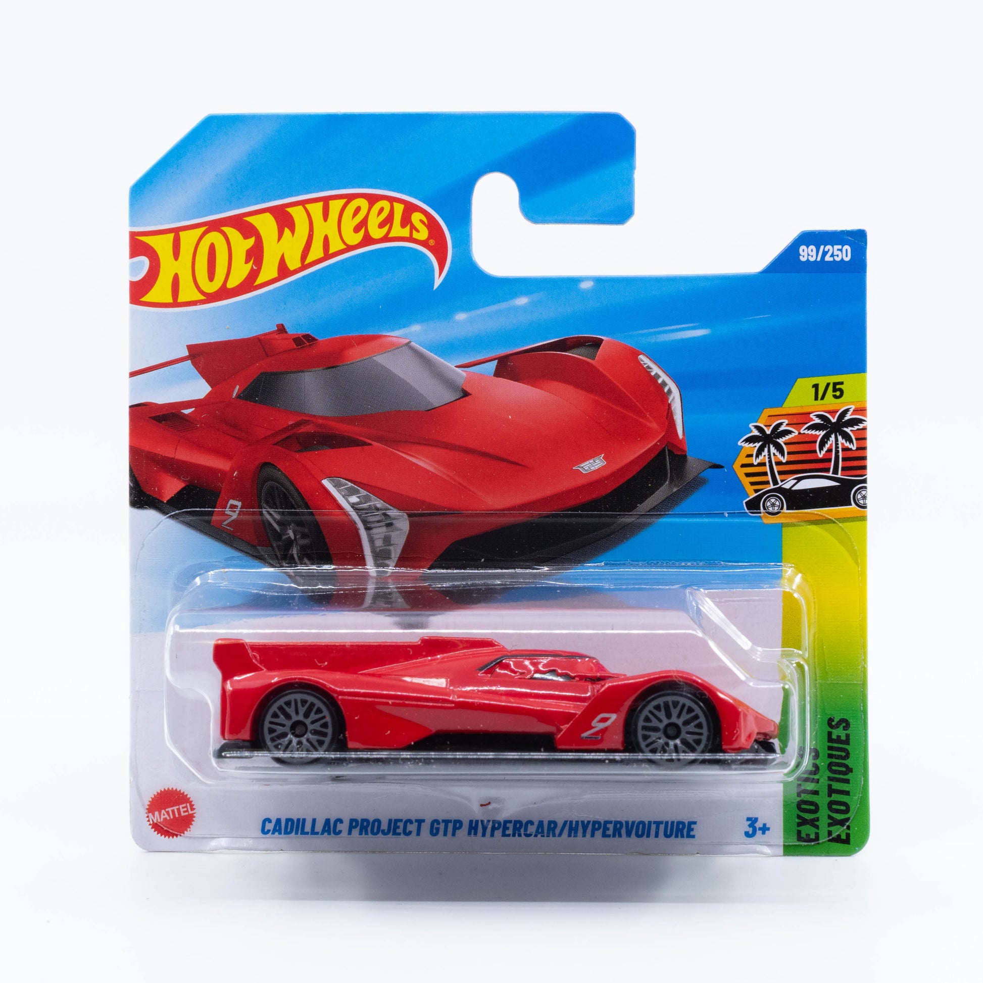 Hot Wheels 1:64 scale diecast model of the Cadillac Project GTP Hypercar with sleek aerodynamic design and detailed racing decals.