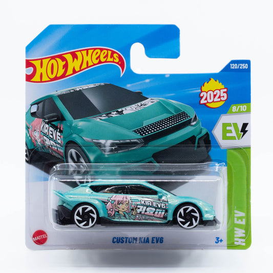 Hot Wheels Custom Kia EV6 1:64 scale diecast model with sleek electric vehicle design and custom Hot Wheels paint and decals.