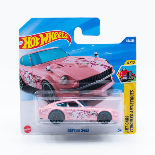 Hot Wheels 1:64 Datsun 240Z diecast model showing classic JDM sports car design with detailed body and headlights.
