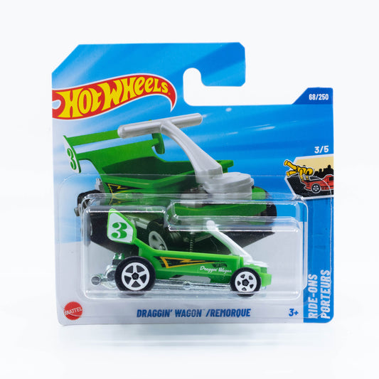 Hot Wheels 1:64 Draggin' Wagon diecast car with oversized rear tires and classic hot rod design.