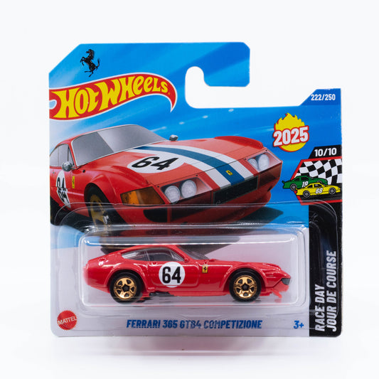 Hot Wheels Ferrari 365 GTB4 Competizione diecast car model in 1:64 scale with racing decals and classic design