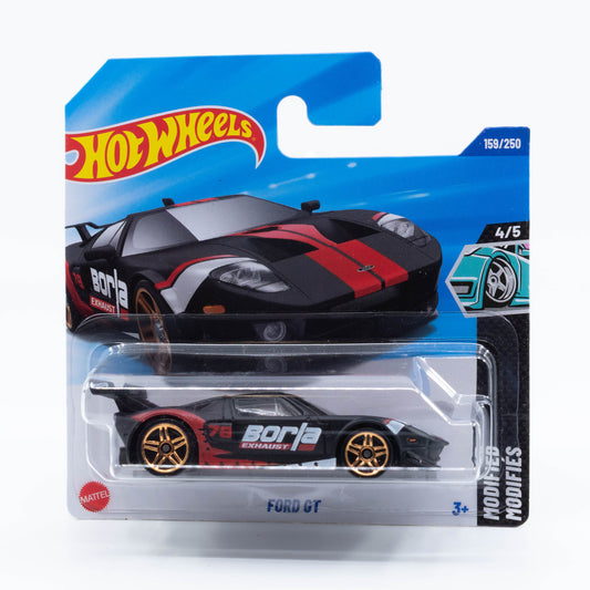 Hot Wheels Ford GT die-cast car with aerodynamic design and racing stripes