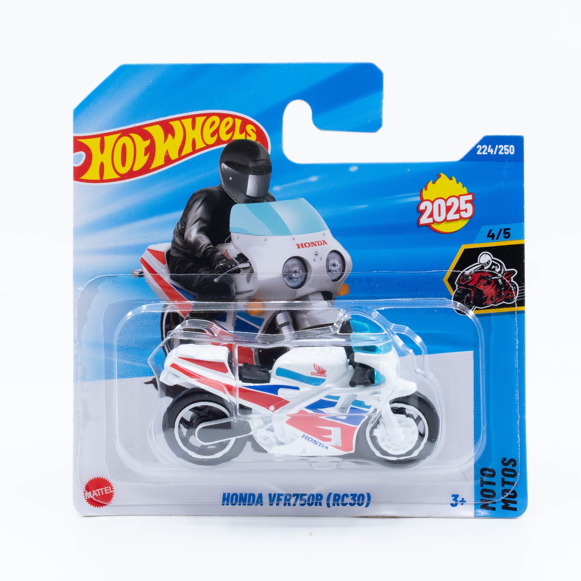 Hot Wheels Honda VFR750R (RC30) diecast motorcycle model in 1:64 scale with detailed bodywork and racing graphics
