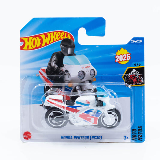 Hot Wheels Honda VFR750R (RC30) diecast motorcycle model in 1:64 scale with detailed bodywork and racing graphics