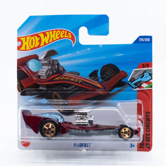 Hot Wheels Madfast dragster with exposed engine and vibrant racing graphics