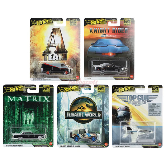 Hot Wheels Pop Culture 2027 Mix 1 featuring vehicles from Jurassic World, The A-Team, Top Gun Maverick, The Matrix and Knight Rider.